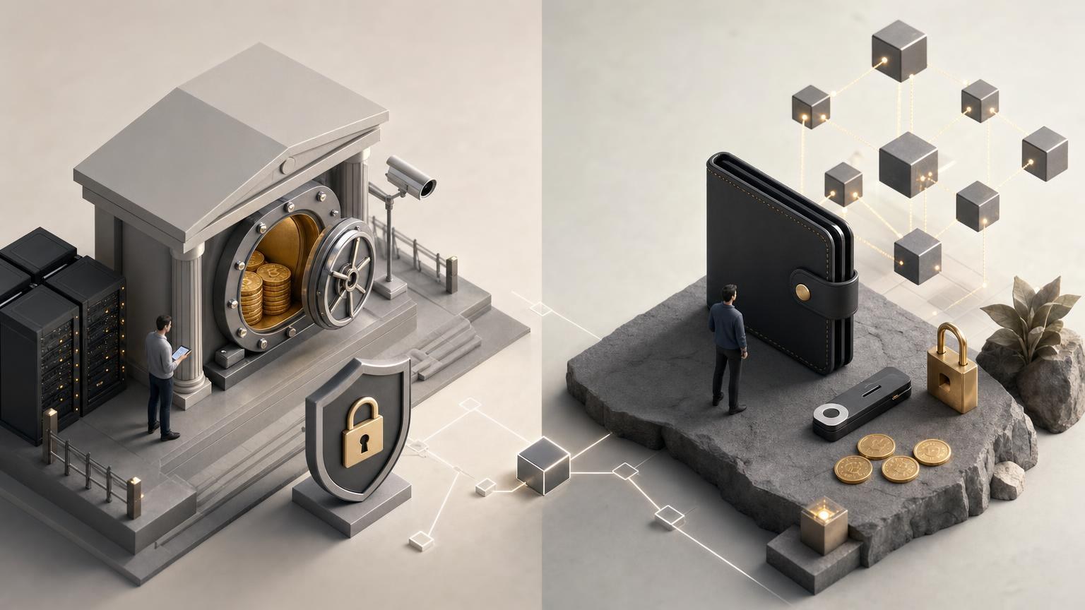 A side-by-side comparison of custodial and non-custodial crypto wallets, showing private-key control, recovery options and security responsibilities